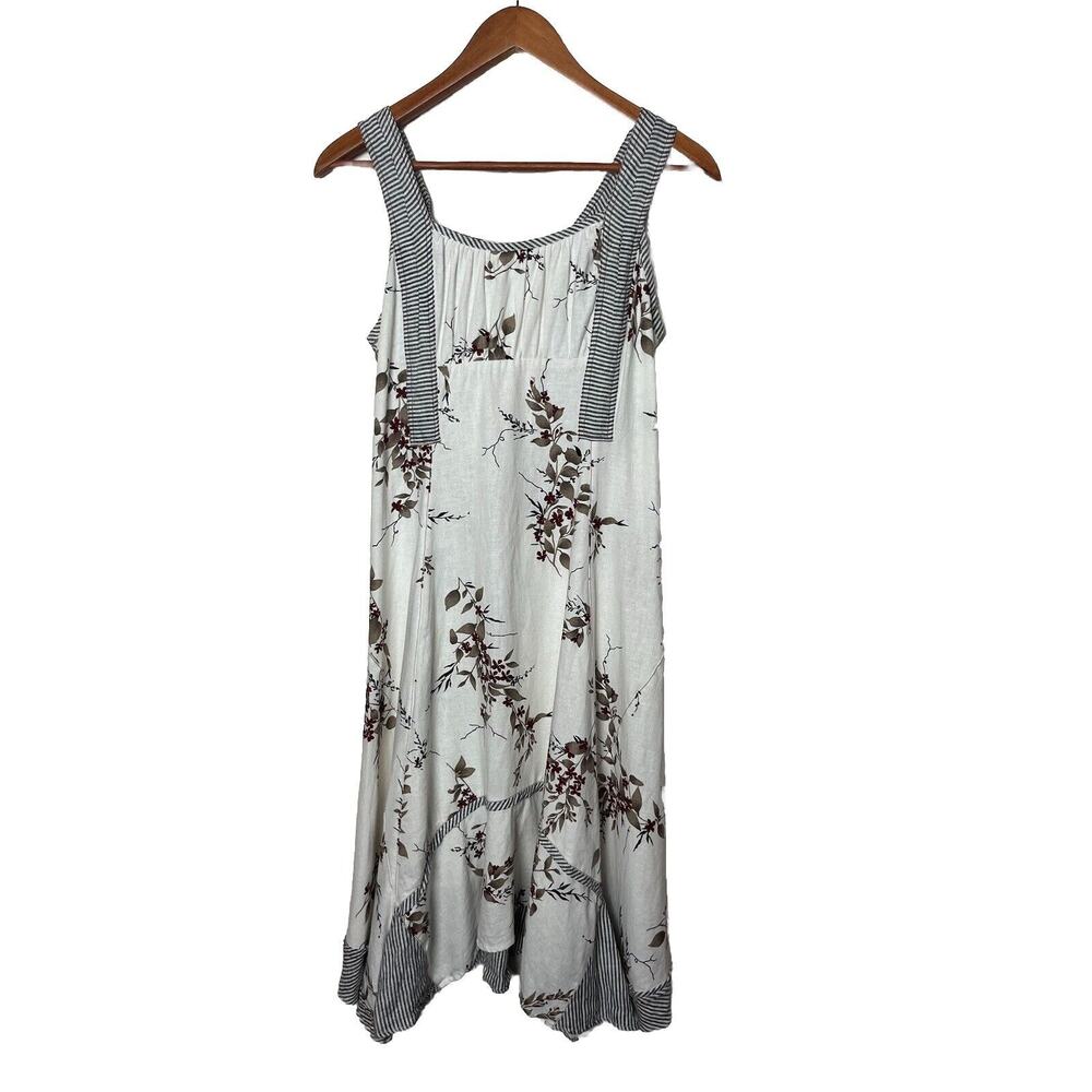 LA BLEND Size Medium Linen Blend White Floral Stripe Wide Strap Sleeveless Dress